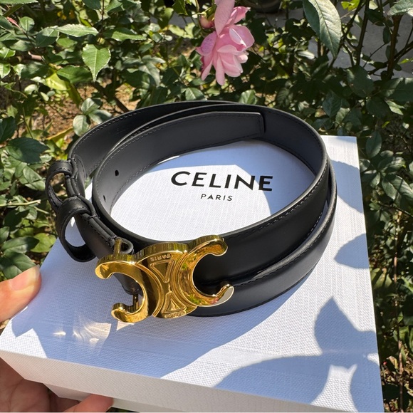 Celine Black Leather Belt with Gold Buckle - Picture 1 of 6